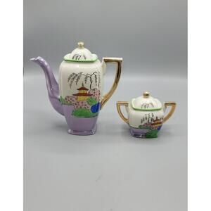 Japanese Vintage Lusterware Octagonal Teapot Hand Painted Iridescent Set
